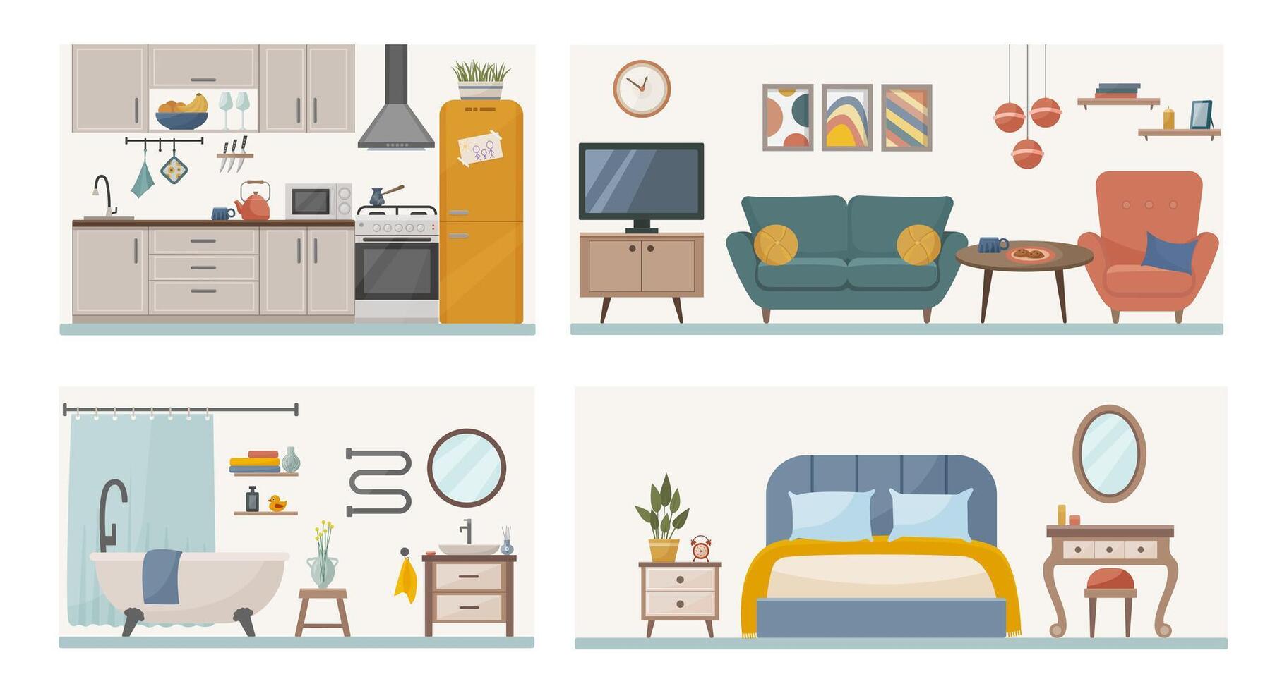 lägenhet inuti. uppsättning med interiörer, badrum, levande rum och sovrum. möblerad rum. platt vektor illustration av rum med möbel.