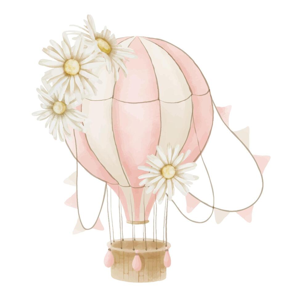 Luft Ballon mit Blumen. Aquarell Illustration von süß Flugzeug und Gänseblümchen im Beige und Rosa Pastell- Farben zum Baby Dusche. Zeichnung zum kindisch Design oder Kind Plakate auf isoliert Hintergrund vektor
