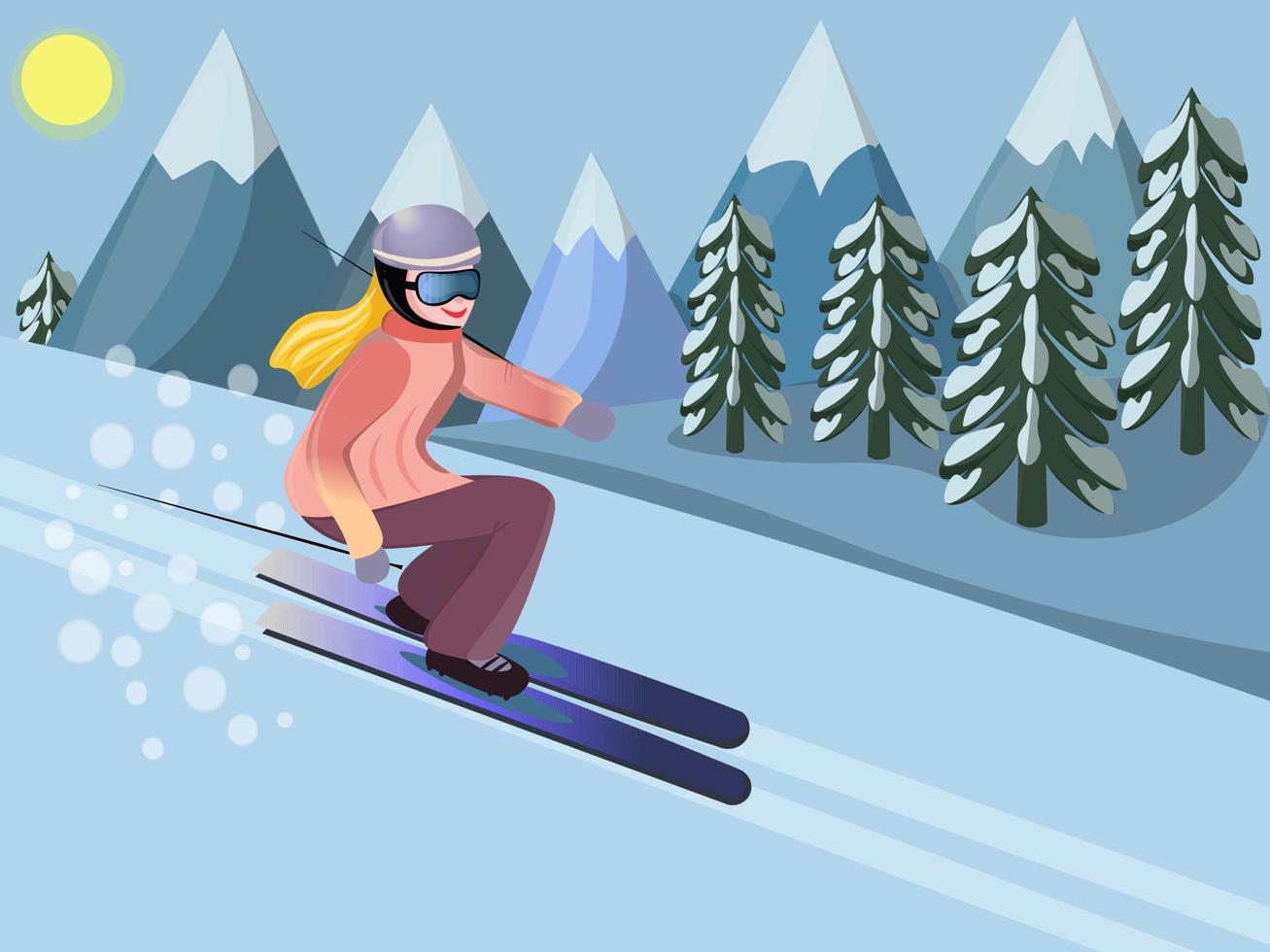 Frau Skifahren. Winterlandschaft in den Bergen. Vektor-Illustration im flachen Cartoon-Stil vektor