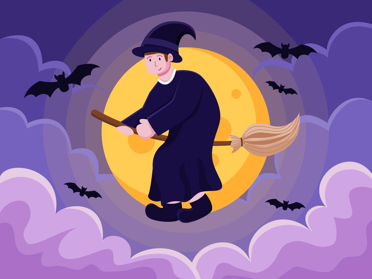 person med häxkostym och flyger över månen med kvaststick på halloween dag. trollkarl halloween kostym. kan användas för gratulationskort, inbjudan, affisch, banner, vykort. vektor