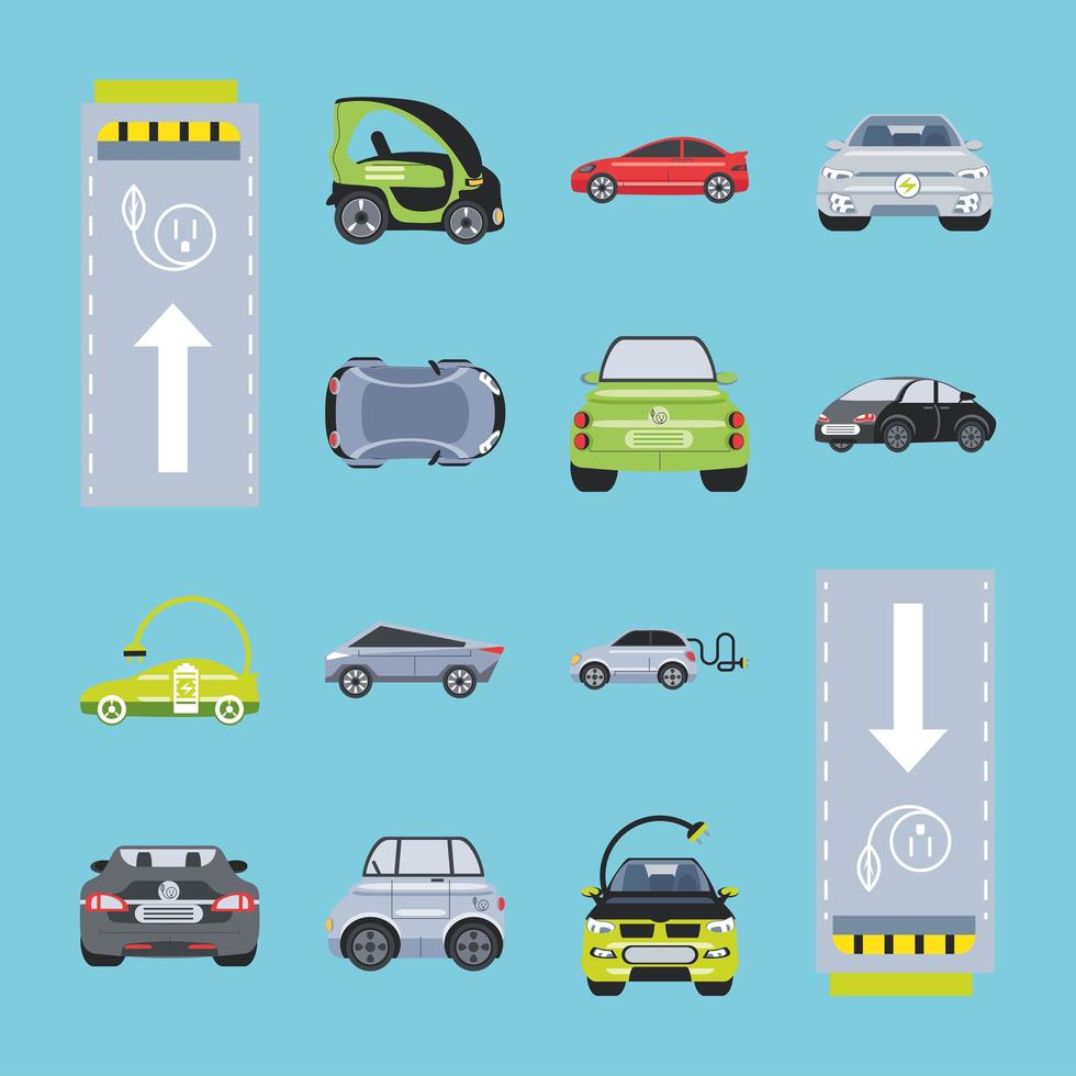 Elektroauto verschiedene Fahrzeuge und Parkzonensymbole vektor