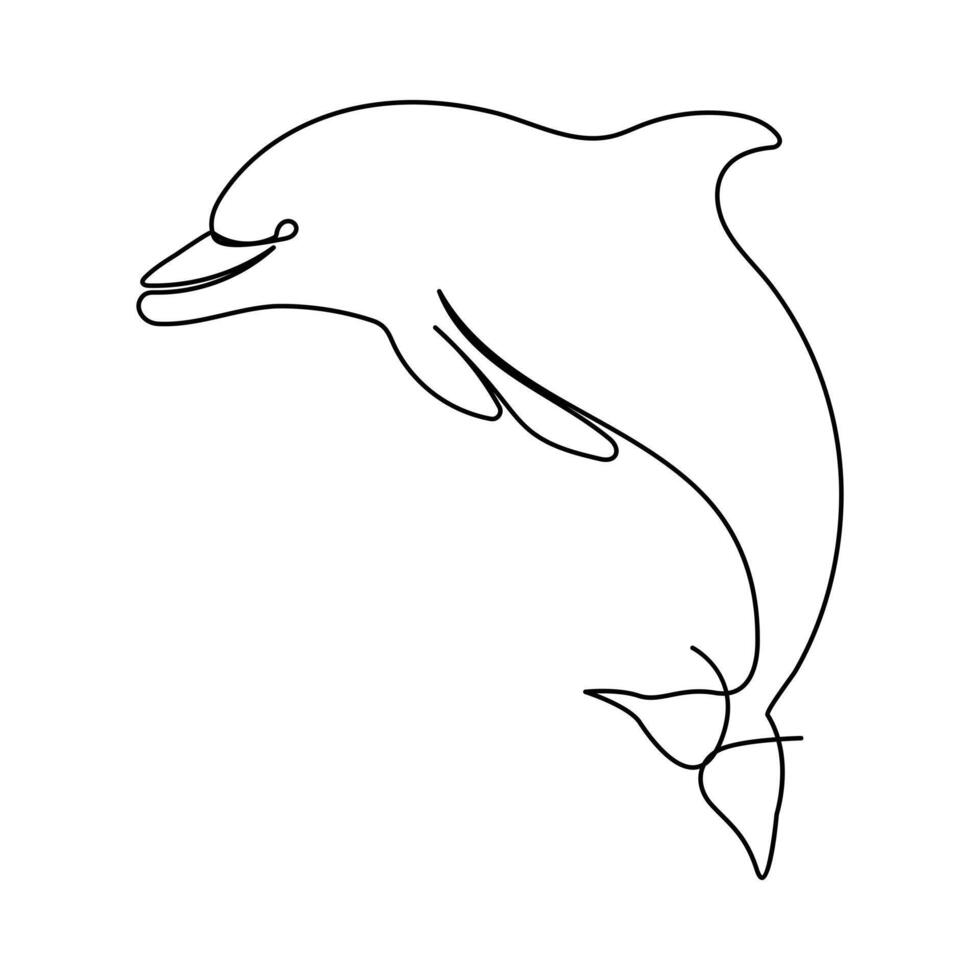 kontinuerlig enda linje av söt delfin översikt vektor konst teckning och värld vilda djur och växter dag begrepp vektor illustration