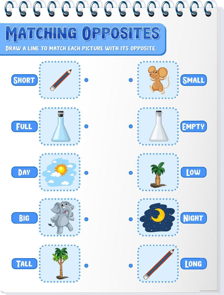 passende Arbeitsblattvorlage für entgegengesetzte Wörter vektor