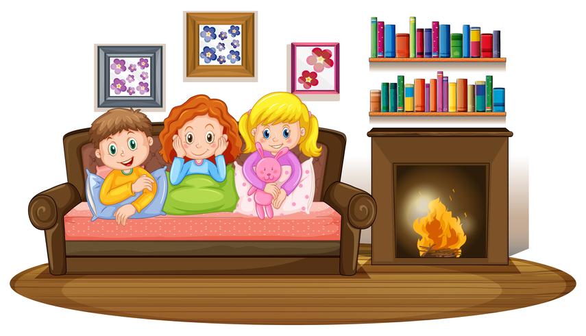 Drei Kinder auf dem Sofa am Kamin vektor