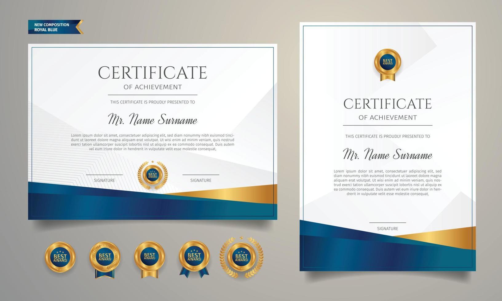 premium diplom certifikat mall, guld och blå färg med märken vektor