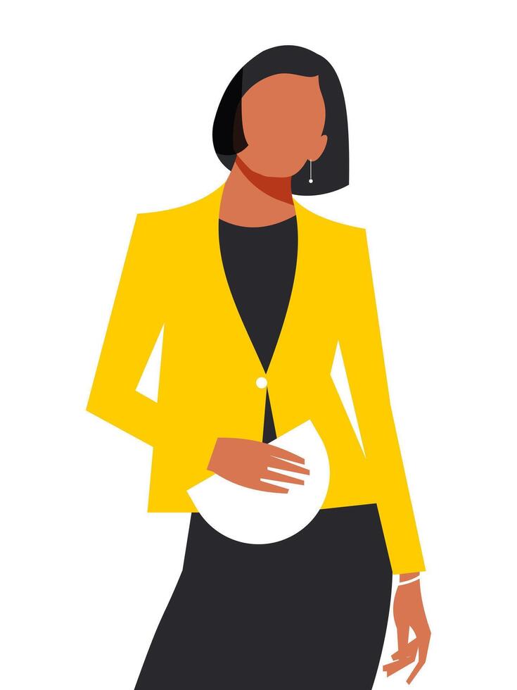 modern jung Frau im ein Gelb Jacke und schwarz Kleid mit ein klein Tasche im ihr Hände isoliert auf ein Weiß Hintergrund. stilvoll Geschäft Frau mit schwarz Bob Haarschnitt. Vektor. vektor