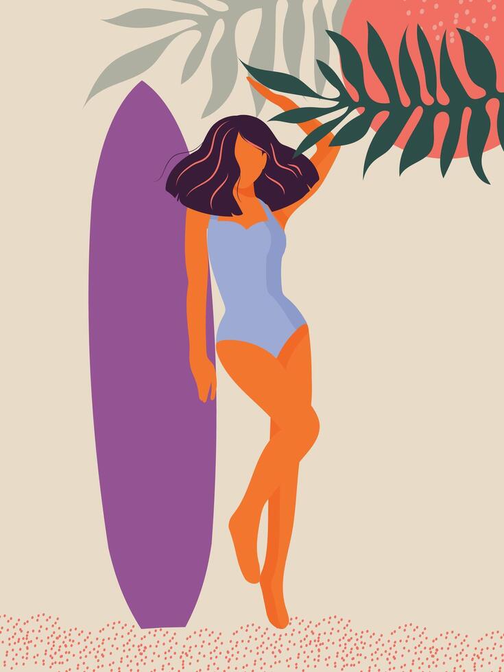 schön sportlich Mädchen mit lila Haar und ein Surfbrett auf das Strand unter das Sonne. modern Poster im eben Design Stil auf das Thema von Sommer- und Urlaub. Vektor. vektor