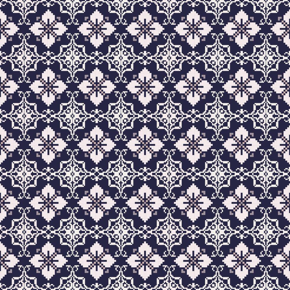 geometrisch Weiß Blumen- Pixel Kunst nahtlos Muster auf Blau Hintergrund. Vektor Design zum Hintergrund und Hintergrund
