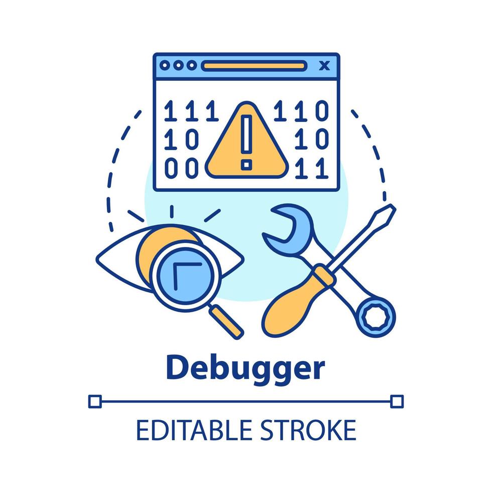 Debugger-Konzept-Symbol. Debugging-Tool. Test- und Einstellsoftware. Entwicklung von Computerprogrammen. Codefehlerprüfung Idee dünne Linie Abbildung. Vektor isolierte Umrisszeichnung. bearbeitbarer Strich