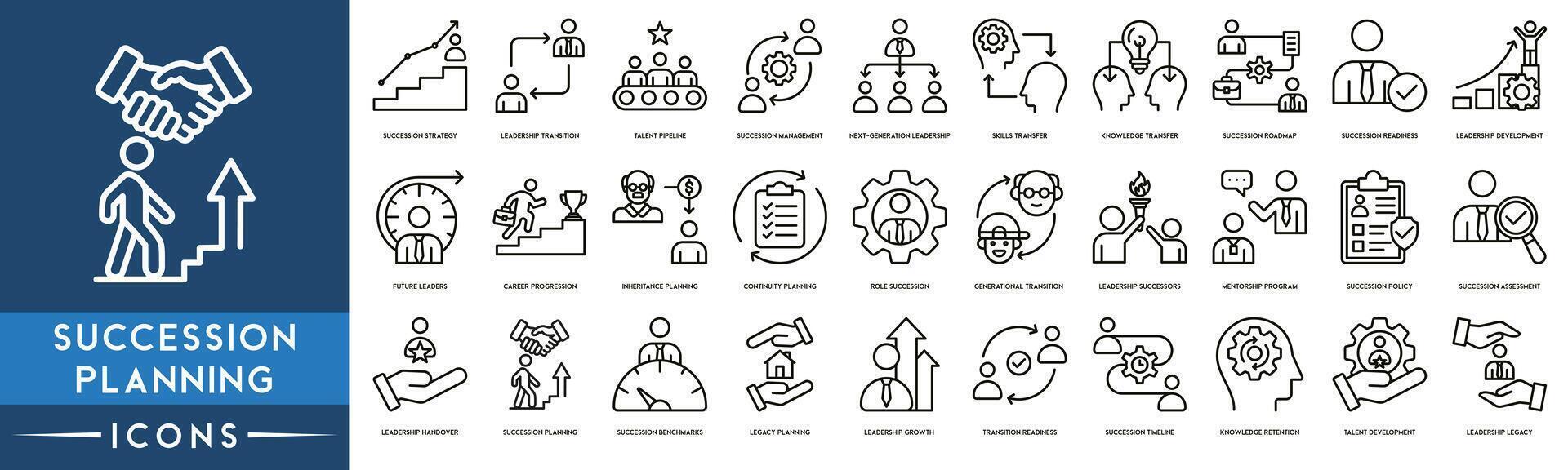 följd planera ikon uppsättning. inkluderad de ikoner som följd strategi, ledarskap övergång, talang rörledning och följd förvaltning vektor