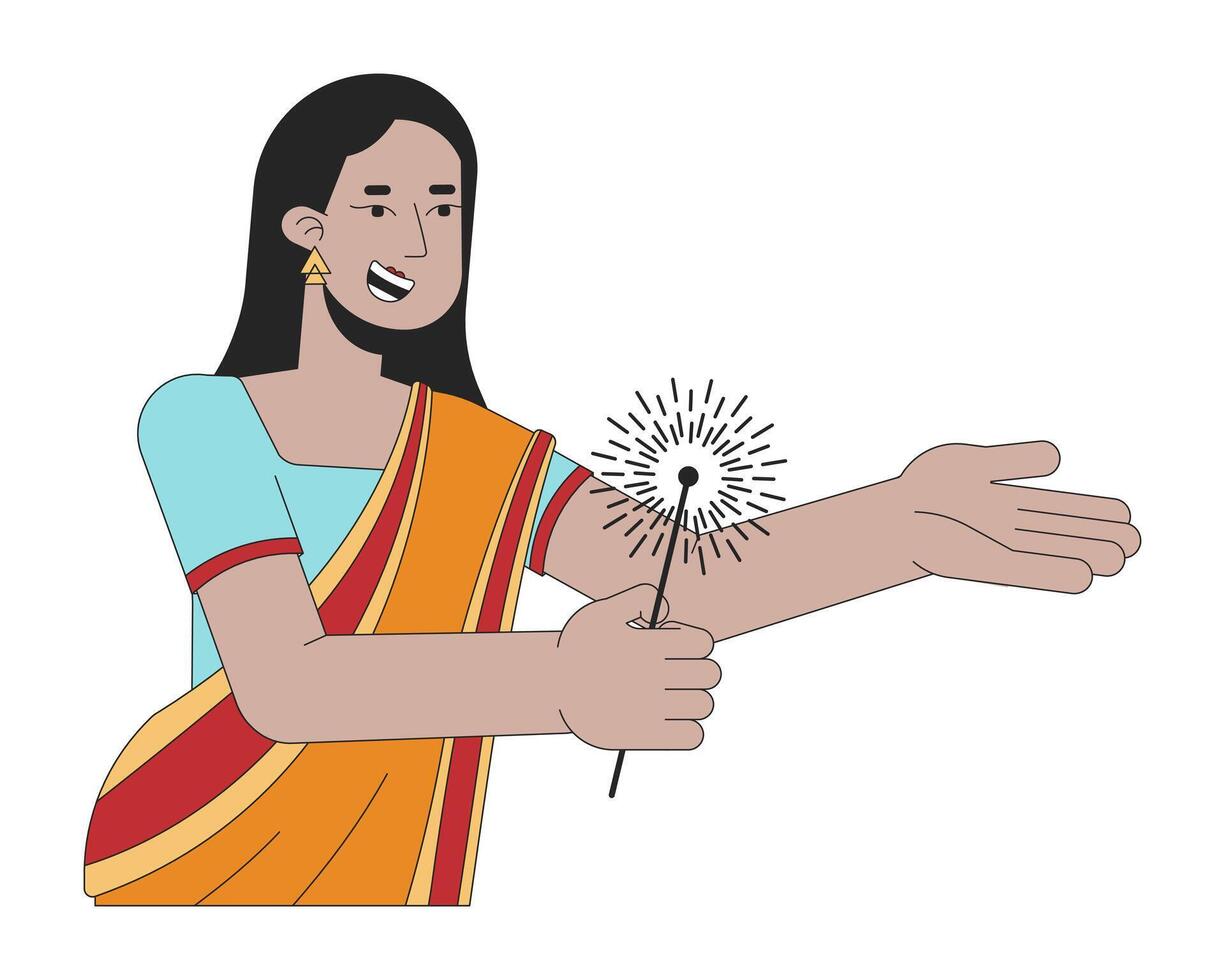 sari skön kvinna innehav sparkler 2d linjär tecknad serie karaktär. söder asiatisk kvinna isolerat linje vektor person vit bakgrund. hindu festival av lampor Deepawali Färg platt fläck illustration