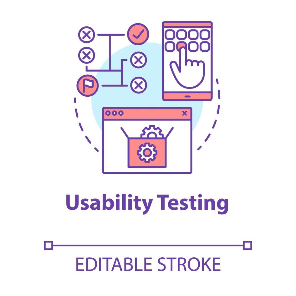 användbarhetstest konceptikon. programvara utvecklingsstadiet idé tunn linje illustration. användarinteraktion med systemet. app -programmering. det projekt. vektor isolerade konturritning. redigerbar stroke