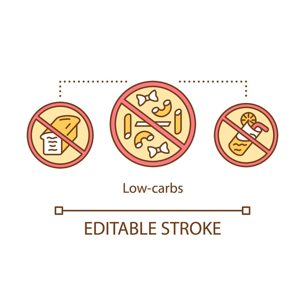 lågkolhydratkost konceptikon. keto bantning idé tunn linje illustration. ketogen mat. kolhydratnäring. förbjuden måltid. hälsosam livsstil. vektor isolerade konturritning. redigerbar stroke