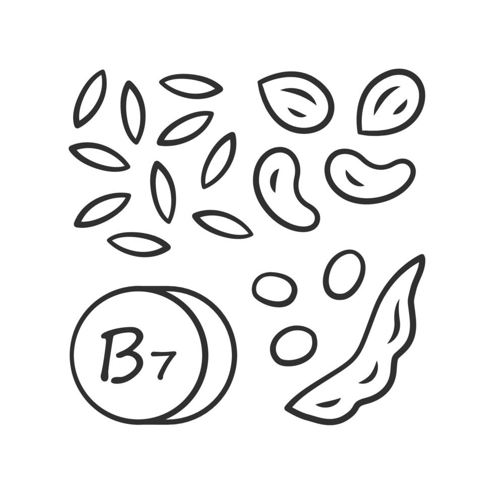 lineares Symbol für Vitamin b7. Mandeln und Erdnüsse. Nüsse und Erbsen. gesundes Essen. Biotin natürliche Quelle. Vitamin H. dünne Linie Abbildung. Kontursymbol. Vektor isolierte Umrisszeichnung. bearbeitbarer Strich