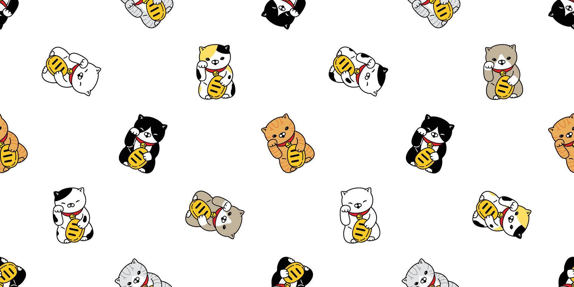 katt sömlös mönster tur- katt japan maneki neko vektor kattunge kalikå scarf isolerat upprepa bakgrund bricka tapet tecknad serie klotter illustration design