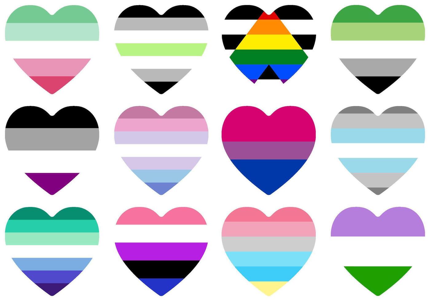 HBTQ stolthet flagga uppsättning. stolthet gemenskap flagga i hjärta form uppsättning vektor
