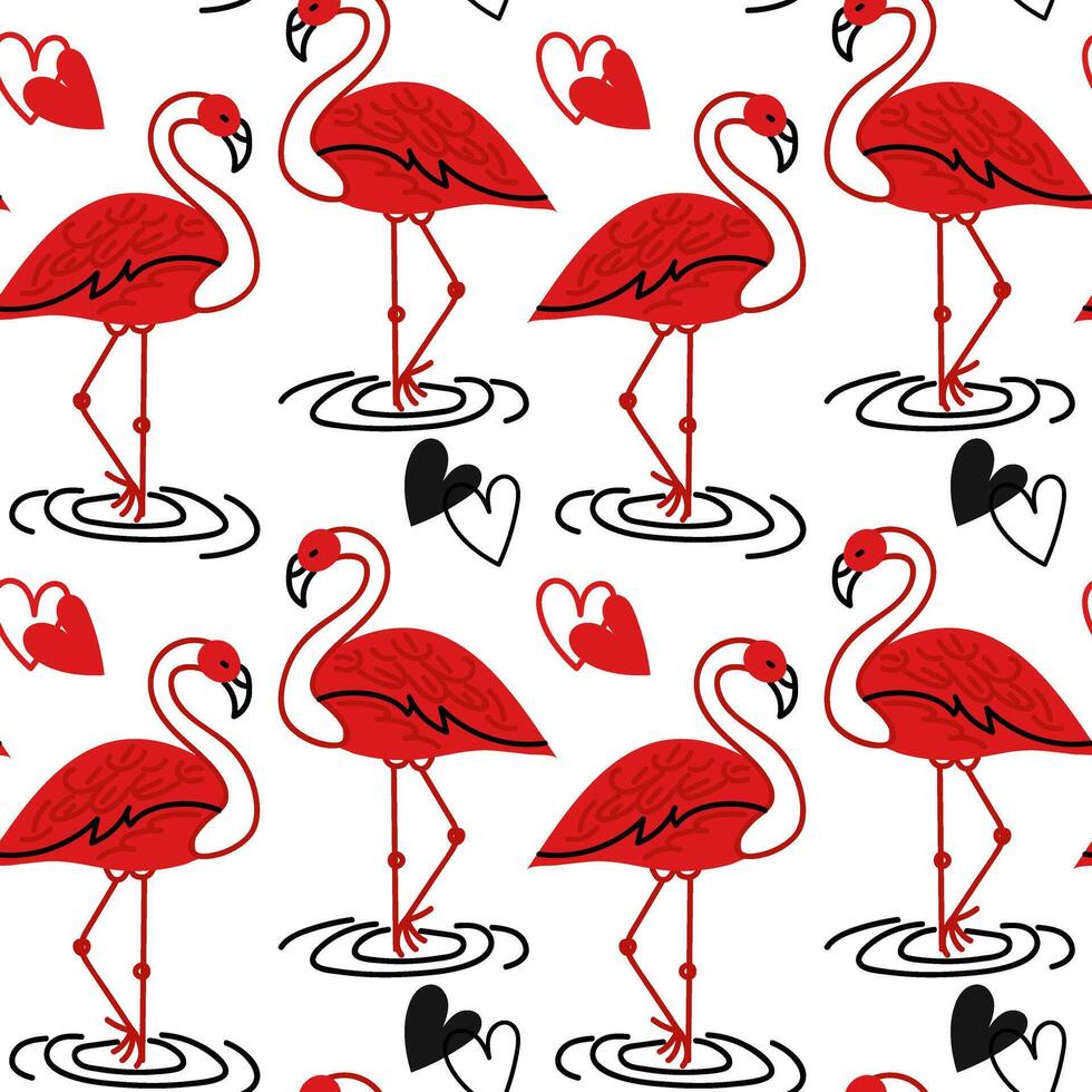 Muster von rot Kritzeleien mit zwei Flamingos ist Wohnung. süß rot Flamingo Gekritzel mit ein schwarz Herz. nahtlos Vektor Muster zum Valentinstag Tag. wiederholen nahtlos Muster mit bunt Tiere und Vögel