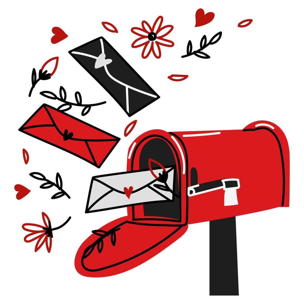 en röd brevlåda med en platt brev, doodle-stil blommor. kuvert med blommor från en älskade ett flyga ut av de brevlåda. isolerat brevlåda sändning meddelanden. vektor illustration. älskare korrespondens