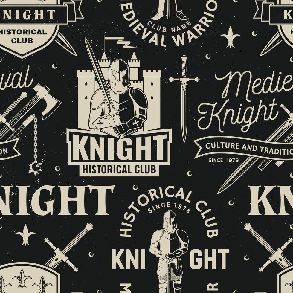 einstellen von Ritter historisch Verein nahtlos Muster Design Vektor Konzept zum Shirt, drucken, Briefmarke, Overlay oder Vorlage. Typografie Design mit Ritter, Ritter auf ein Pferd, Schwerter, Axt, Schloss Silhouette