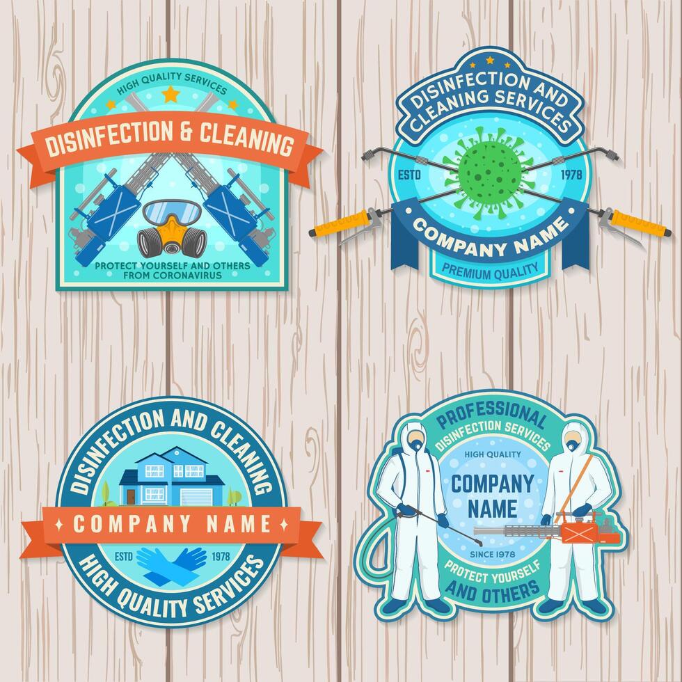 einstellen von Desinfektion und Reinigung Dienstleistungen Patch, Logo, Emblem. Vektor zum Fachmann Desinfektion und Reinigung Unternehmen. Jahrgang Typografie Design mit Desinfektionsmittel Arbeiter , Respirator und Sprühgerät