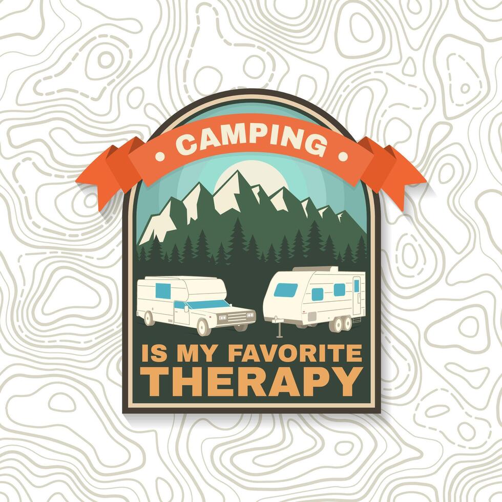 Camping ist meine Liebling Therapie, drucken, Patch. Camping zitieren. Vektor. Konzept zum Hemd oder Logo, drucken, Briefmarke oder Tee. Jahrgang Typografie Design mit 3d Offroad Auto, Anhänger und Berg Silhouette. vektor