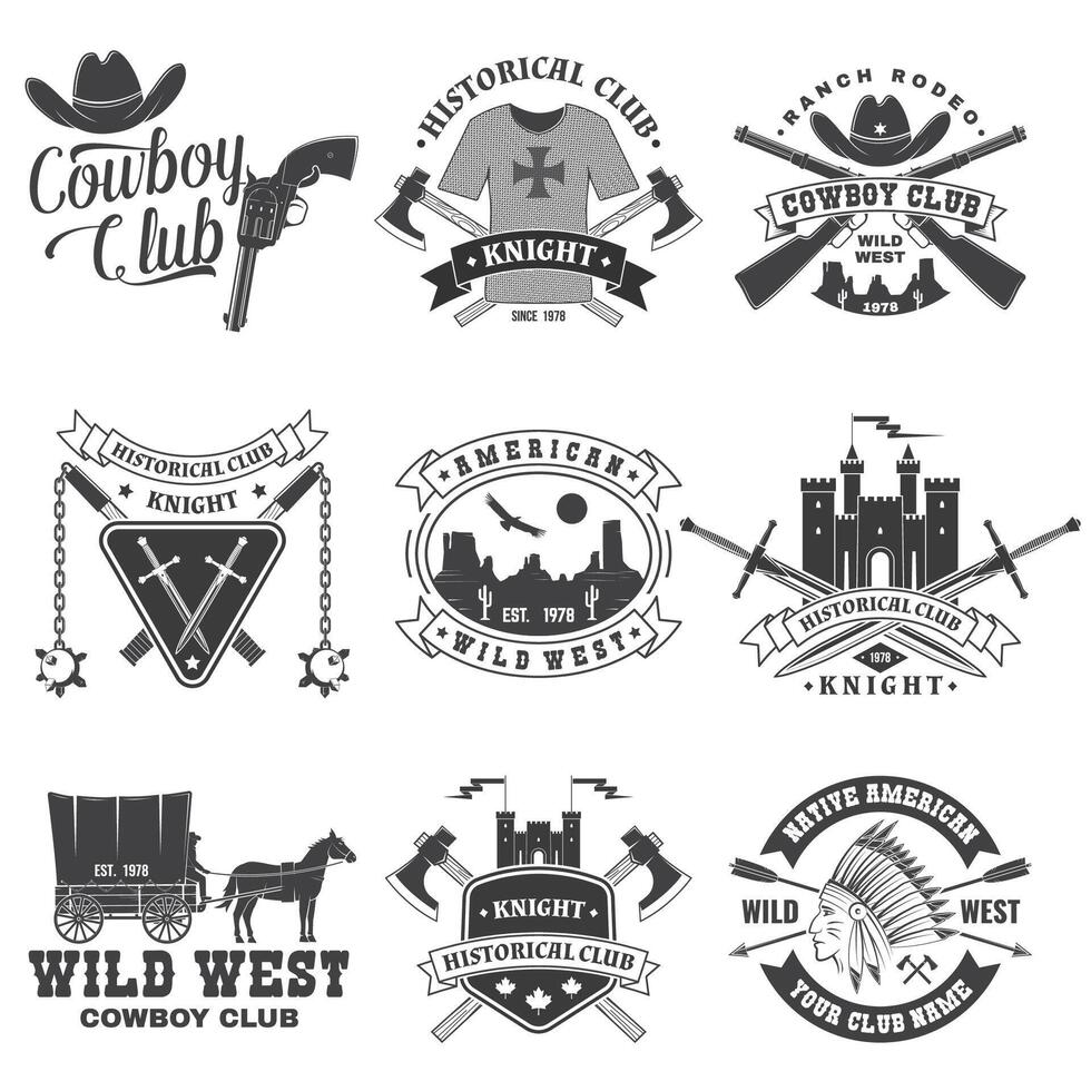 einstellen von Ritter historisch und Cowboy Verein Design Vektor Konzept zum Shirt, drucken, Briefmarke, Overlay oder Vorlage. Jahrgang Typografie Design mit Ritter, Ritter auf ein Pferd, Schwerter, Axt, Schloss Silhouette