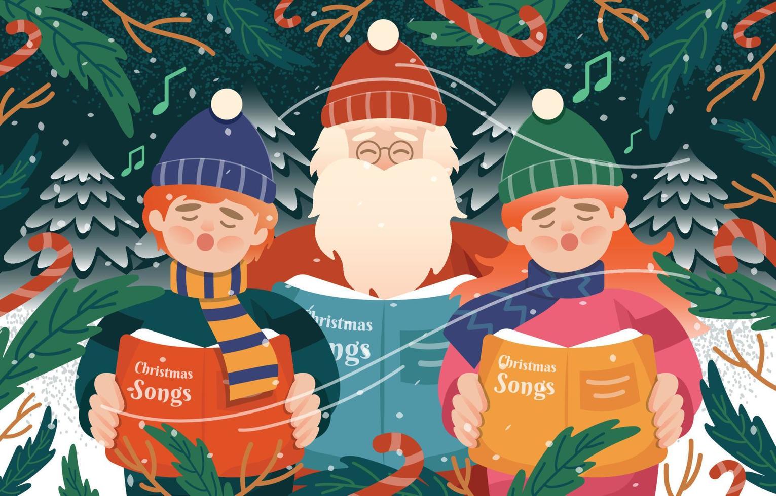 barn och jultomten sjunger julsång bakgrundsmall vektor