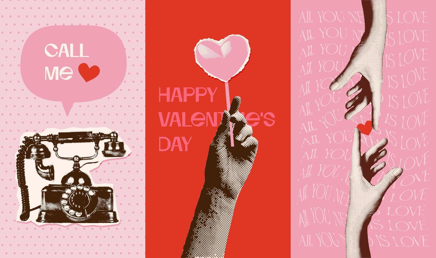 årgång uppsättning av hjärtans dag hälsning kort eller berättelser omslag med halvton händer och retro telefon. samtida valentine kreativ collage med romantisk citat. vektor blandad media illustration