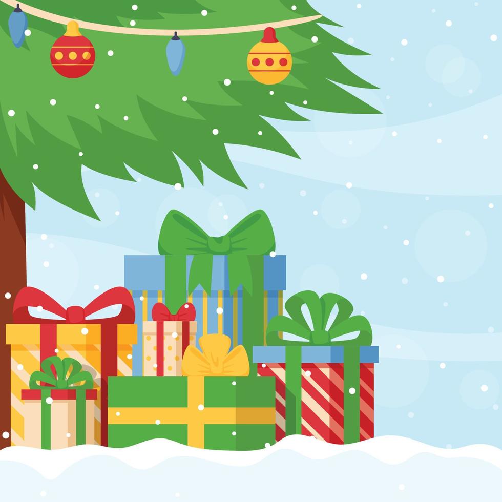 Weihnachtsgeschenkboxen unter dem Baum mit Schneefall vektor