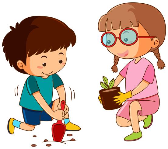 Junge und Mädchen, die im Garten pflanzen vektor