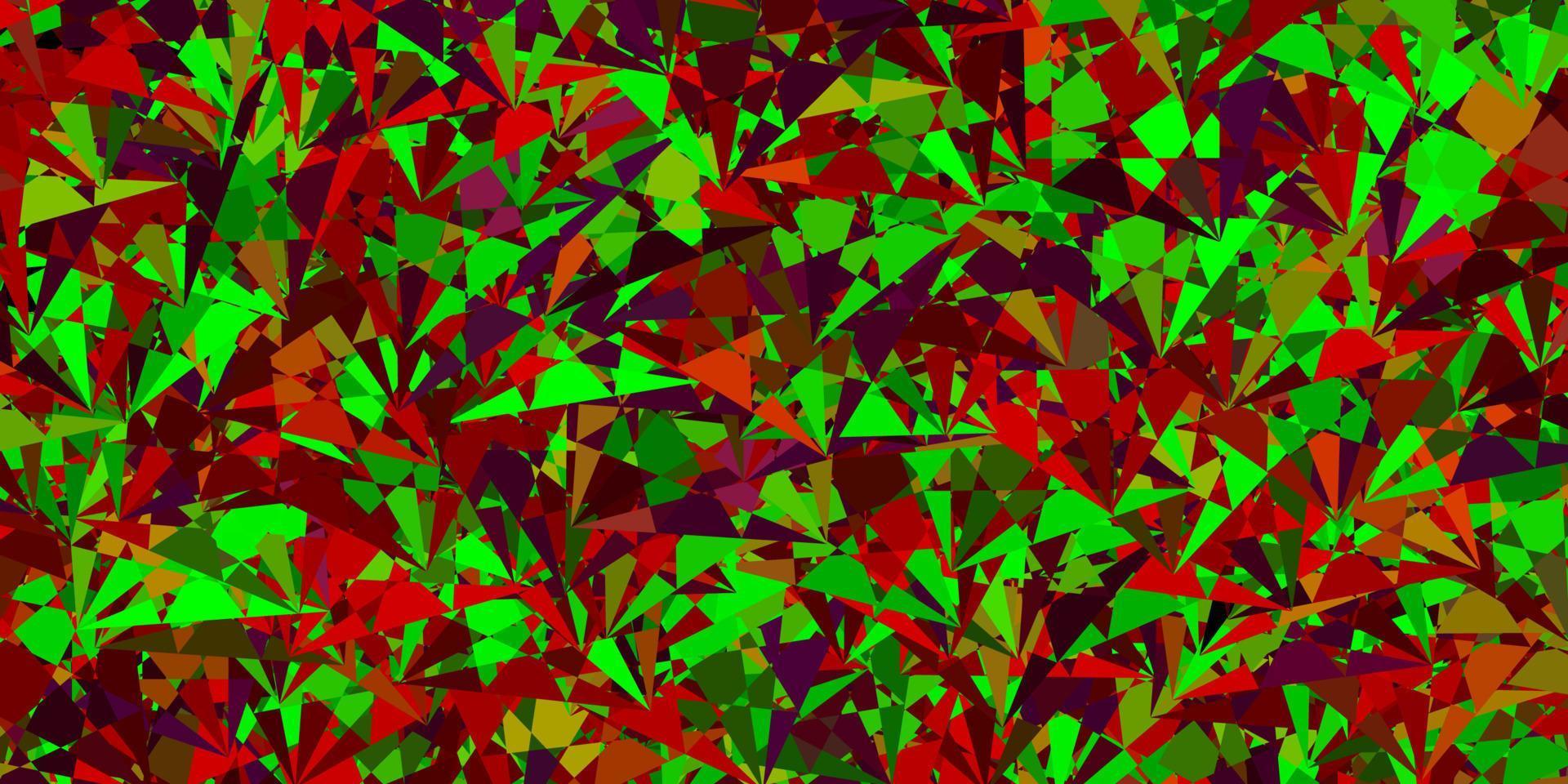 dunkelgrüner, roter Vektorhintergrund mit Dreiecken. vektor