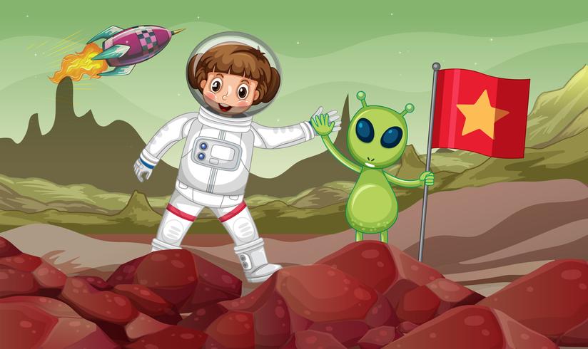 Grön alien och astronaut i rymden med röd flagga vektor