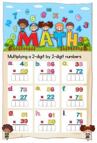 Mathe-Arbeitsblatt zum Multiplizieren von zwei- und zweistelligen Zahlen vektor