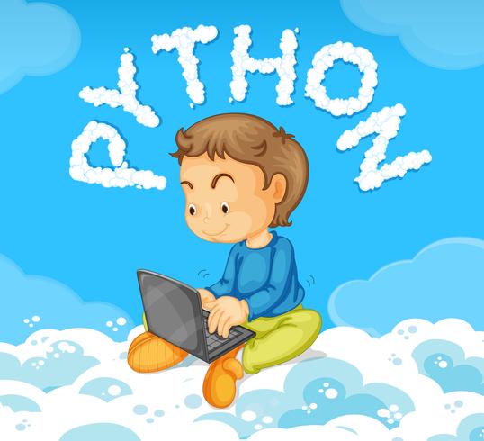 Ung pojke på laptop python koncept vektor