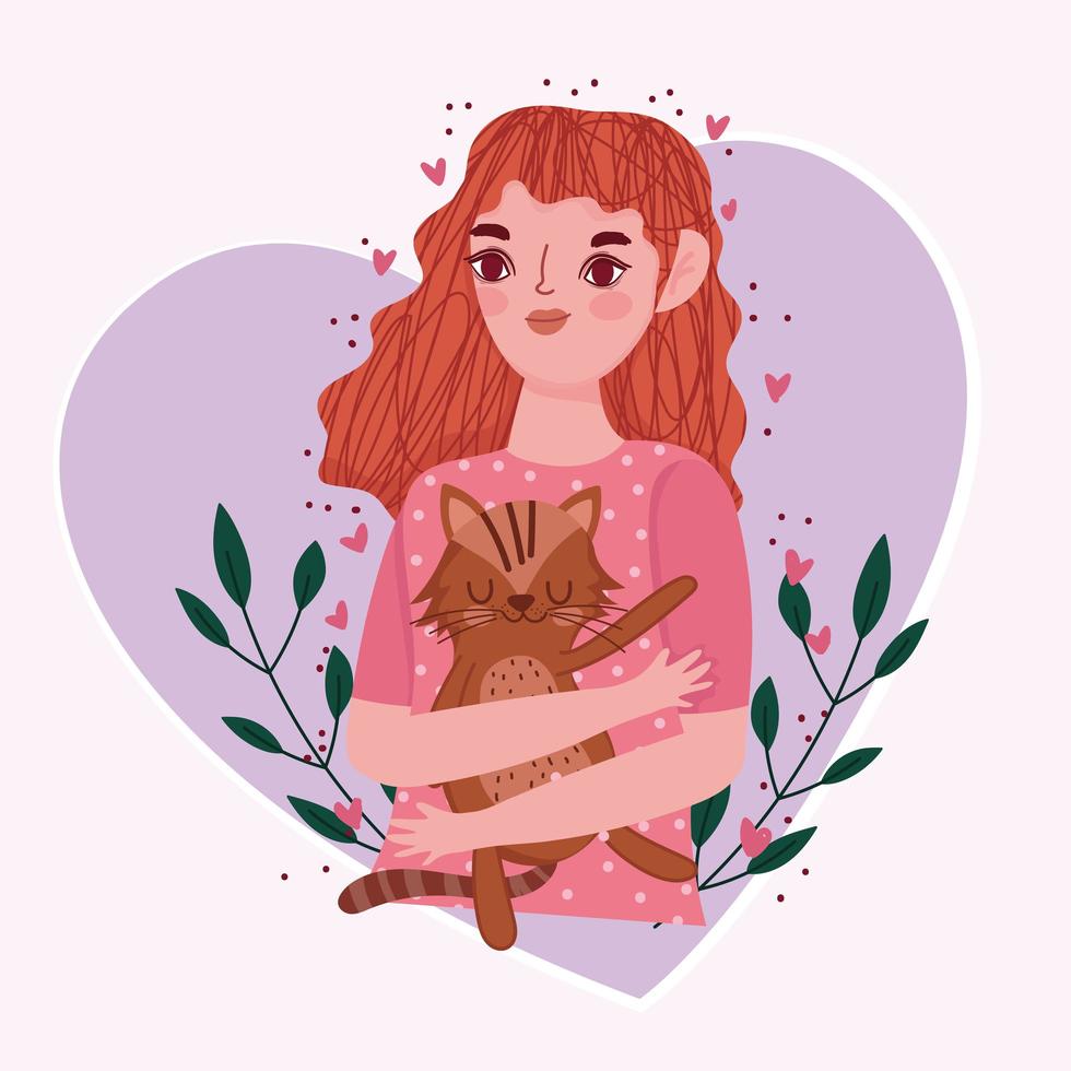 skönhet flicka med katt i hjärtat med blad tecknad, husdjur koncept vektor