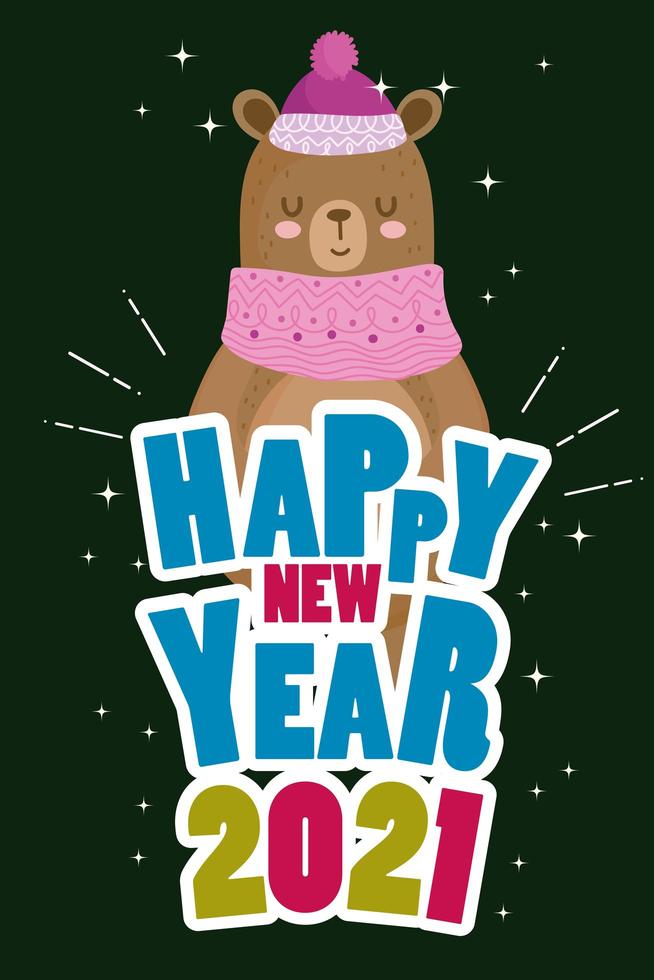 gott nytt år söt björn med tröja, hatt och färgat teckensnitt vektor