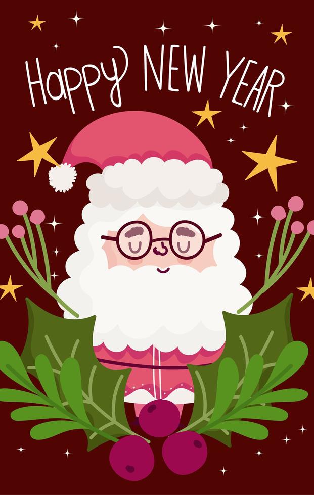 Frohes neues Jahr süßer Weihnachtsmann mit Brille und Stechpalmenbeere vektor
