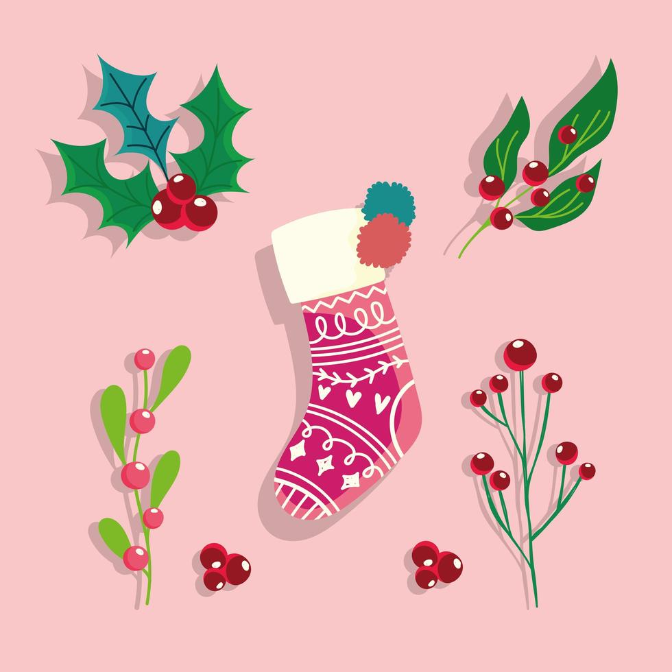 Frohes neues Jahr Socke Holly Berry Weihnachtsfeier und Dekoration vektor