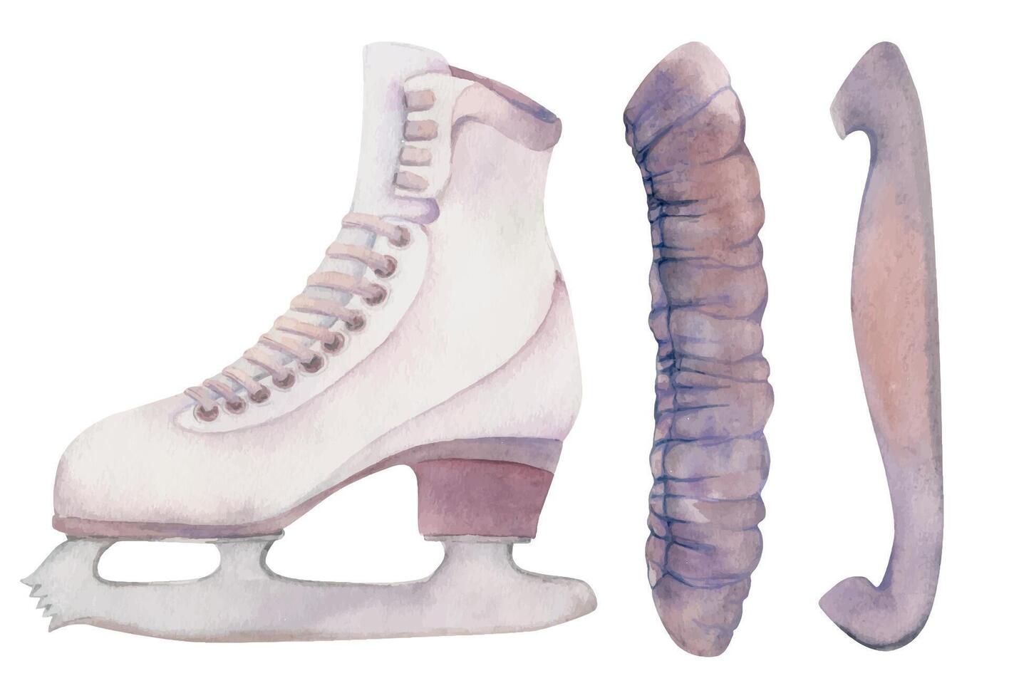 Hand gezeichnet Aquarell Zahl Skaten Stiefel, Wachen und Einweichen, Winter Sport Schuhwerk. Illustration isoliert Objekt, Weiß Hintergrund. Design Poster, drucken, Webseite, Karte, Einladung, Geschäft Broschüre vektor