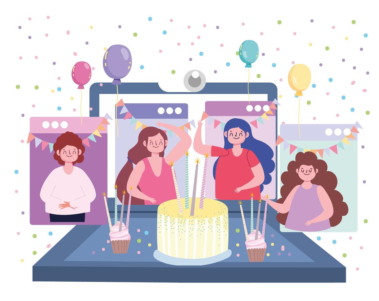 virtuelle Party Geburtstagstreffen Freunde zusammen in Quarantäne vektor