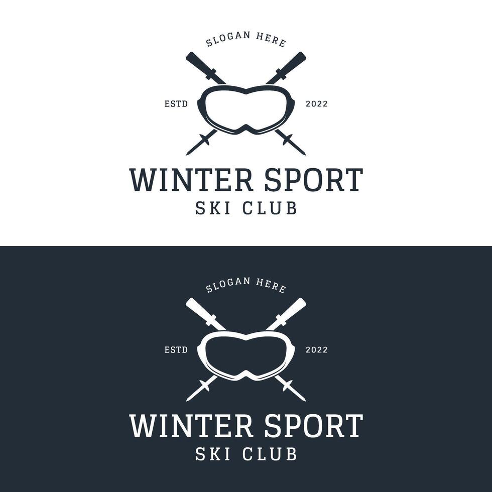 retro åka skidor sport mall logotyp element på årgång vinter, med skidor och berg.logotyp för åka skidor sport, klubb, bricka och märka. vektor