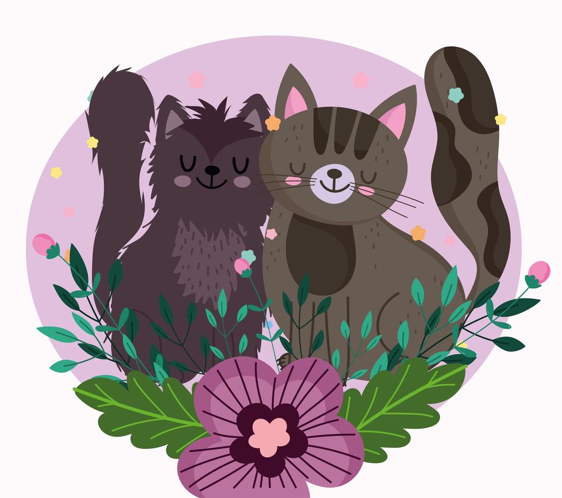 söta katter med dekorativa blommor lövverk natur, sällskapsdjur tecknad vektor