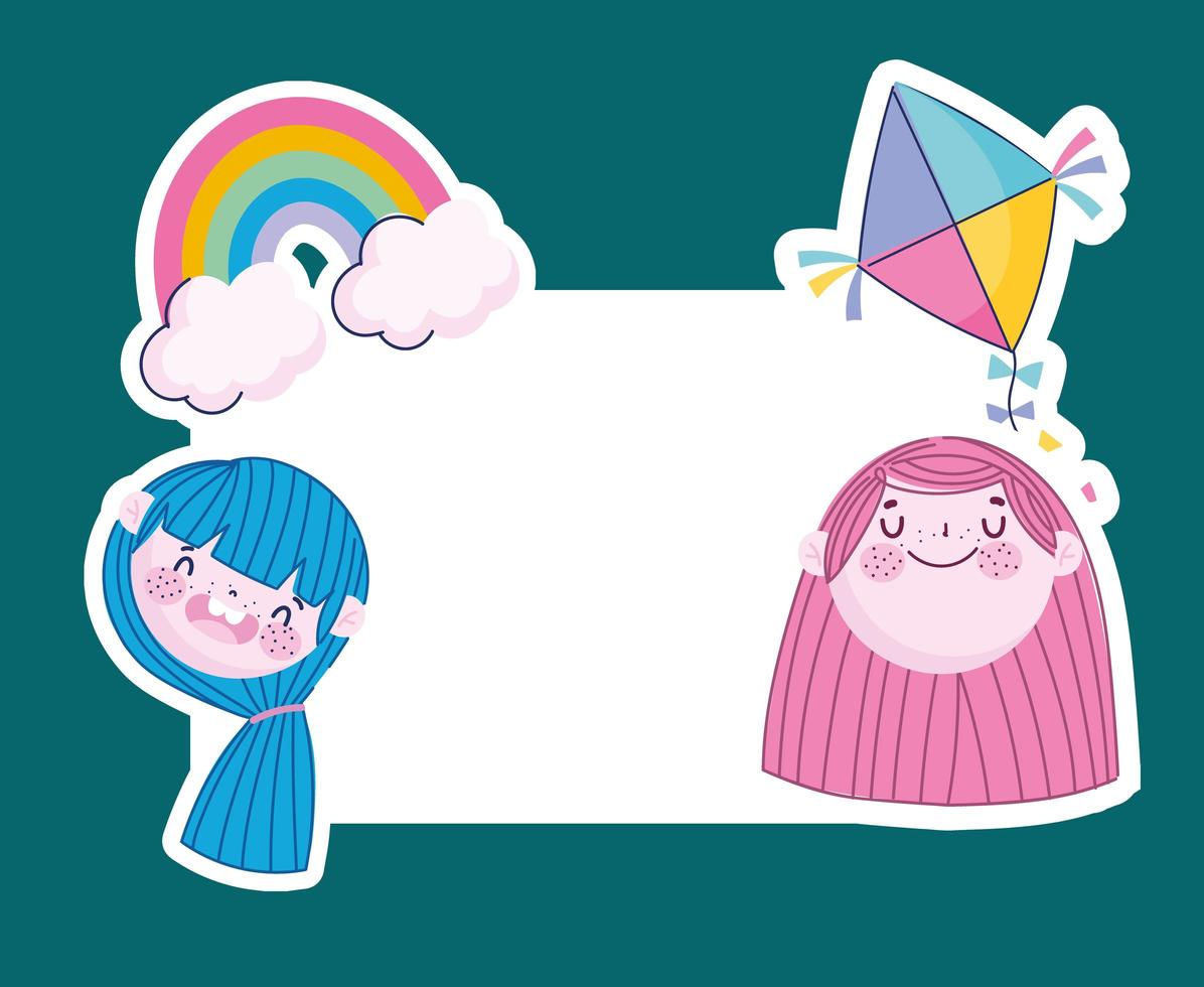 lustige Mädchengesichter mit Regenbogen- und Bannervorlage, Kinder vektor
