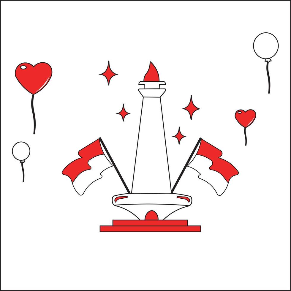 indonesien oberoende vektor illustration design med monas och två flaggor, ballonger i röd och vit färger.lämpliga för logotyp, ikon, t-shirt design, klistermärke, begrepp, affisch, hemsida, annons.