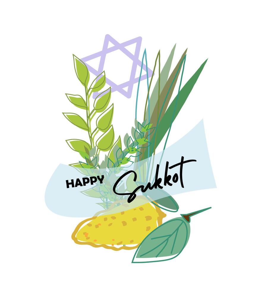 glücklich Sukkot Vorlage Poster, Banner. jüdisch Urlaub Hütten Vorlage zum Gruß Karte mit Etrog, Lulav, Arava, Hadas. isoliert auf Weiß Hintergrund. Vektor Illustration