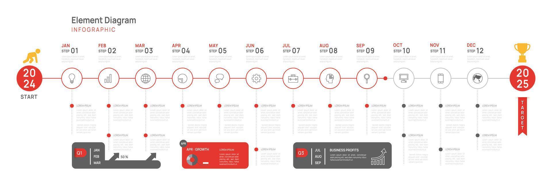 infographic mall för företag. 12 månader modern tidslinje element diagram kalender, 4 fjärdedel steg milstolpe presentation vektor infografik.