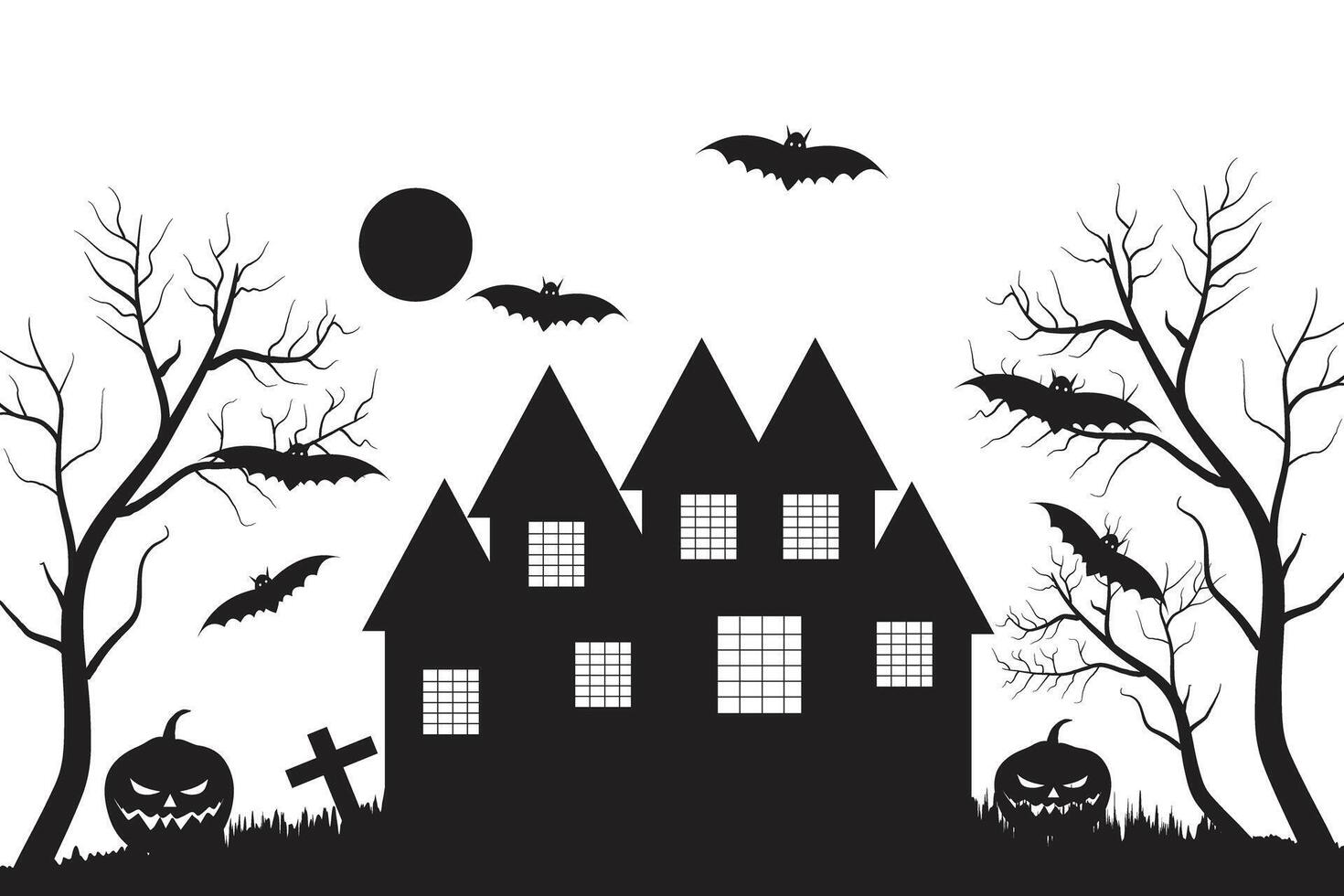 Halloween Grusel Schloss verfolgt Haus Gebäude Silhouette Vektor, schwarz und Weiß Schläger und Geist gespenstisch Haus, unheimlich Nacht Party 31 Oktober Illustration Thema, Bäume Kürbisse Gräber Hexe Mond Kreuze vektor