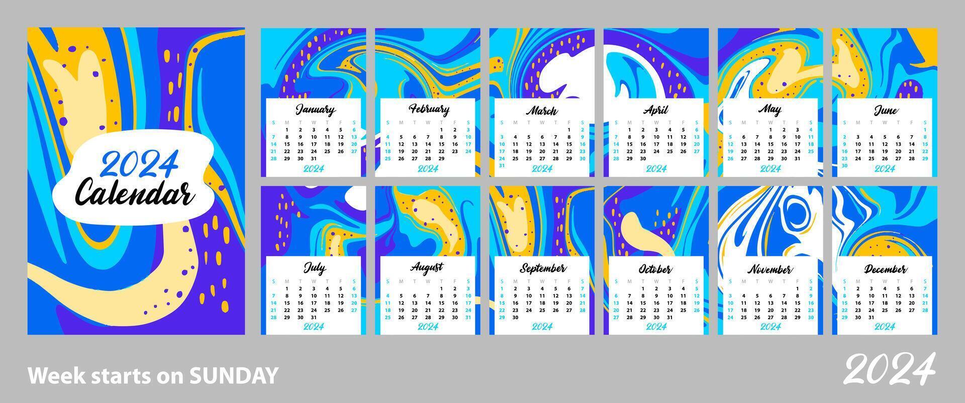 abstrakt kalender av 2024. ljus rosa fläckar och vågor. de vecka börjar på söndag. layout för utskrift a4, a5 vektor