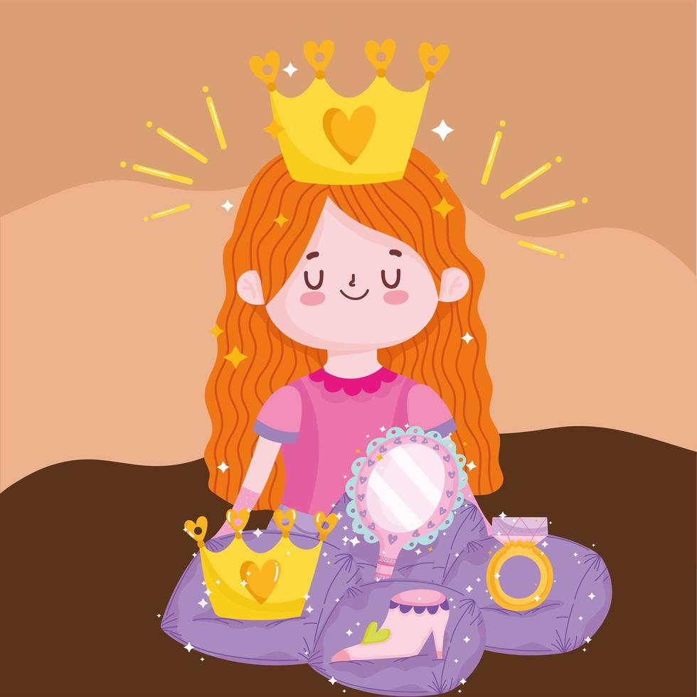 prinsessan saga tecknad söt tjej med kronans spegel sko och ring fantasi vektor