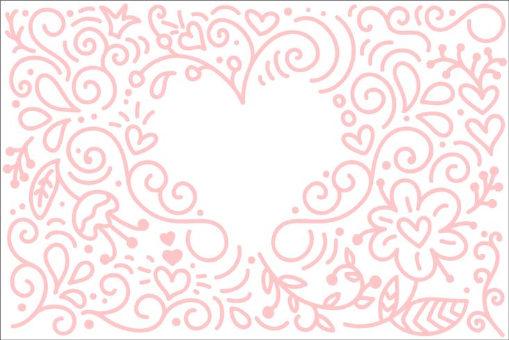 Vektormonoline Kalligraphiehintergrund für glücklichen Valentinsgrußtag. Valentine Hand gezeichnete Elemente. Urlaubsskizze doodle Designkarte mit Herzrahmen. Getrennter Illustrationsdekor für Web, Hochzeit und Druck vektor